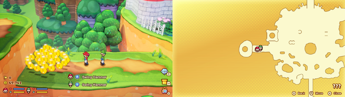Mario and Luigi near 35 Coins in the illusionary Mushroom Kingdom area of Soli-Tree of Mario & Luigi: Brothership.