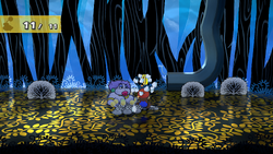 Mario getting a Coin from a bush in The Great Tree of Paper Mario: The Thousand-Year Door for Nintendo Switch.