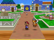 Mario and Parakarry walking through Toad Town.