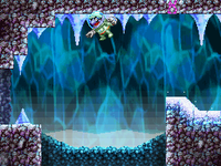 Wario gliding over a pit Sneezemore Cave in Wario: Master of Disguise.