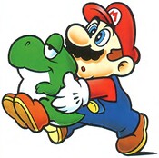 Artwork of Mario holding a Mini-Yoshi from Super Mario World