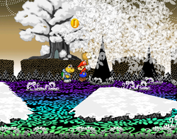 Mario getting a Coin from a tree in Boggly Woods of Paper Mario: The Thousand-Year Door.