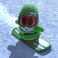 A green Snowboarding Shy Guy in Mario Kart World