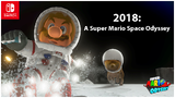 Screenshot posted by Nintendo on social media to celebrate 2018's Year of the Dog, showing Mario and a dog running in the Moon Kingdom. The image contains a reference to the novel and film 2001: A Space Odyssey.