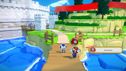 Mario being given a Mushroom by the item shop shopkeeper in Toad Town of The Origami King.