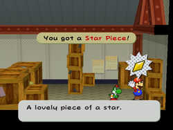 Mario getting the Star Piece behind the southeast chests in the right room of the second floor of Glitz Pit's storeroom in Paper Mario: The Thousand-Year Door.