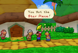 Mario getting a Star Piece from Kolorado for giving him the Artifact in Dry Dry Desert.