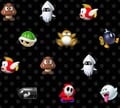 Black dotted background with mushroom kingdom[sic] characters in color
