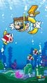 Wallpaper of Mario with some Cheep Cheeps in a water-themed kingdom.
