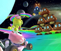 The icon of the Peachette Cup challenge from the Baby Rosalina Tour and the Mario Cup challenge from the Toad vs. Toadette Tour in Mario Kart Tour