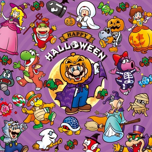 Many members of the Mario cast, wearing Halloween costumes, stand in front of a background consisting of concentric purple rings, alternating between lighter and darker rings, centered on a full moon. Mario, wearing a purple cape adorned with M's, false vampire teeth, and a jack-o'-lantern on his head like a helmet, stands directly in front of the moon in the center of the image. Above him are two banners, one stylized like a banner, reading "Happy" in large bold letters. The second banner, beneath it, reads "Halloween" in large, freestanding white letters with a pronounced shadow. The "o" in the middle is replaced by a Boo.