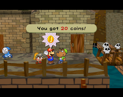 Mario getting 20 Coins from Arfur in Rogueport of Paper Mario: The Thousand-Year Door.