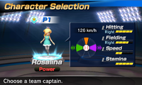 Rosalina's stats in the baseball portion of Mario Sports Superstars