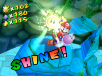 Mario and Yoshi getting the 100-coin Shine Sprite of Pianta Village in the NTSC-U verstion of the game Super Mario Sunshine.