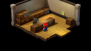 Snifster giving Mario the Beetle Box and Coins for Beetles in Seaside Town of Super Mario RPG.