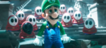 Luigi being found by a troop of Shy Guys