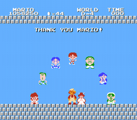 World D-4 cleared in All Night Nippon: Super Mario Bros., showing the personalities from the original seven worlds.