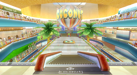 View of Coconut Mall in Mario Kart Wii.