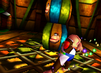 A setup for a Golden Banana for Chunky Kong in Gloomy Galleon.