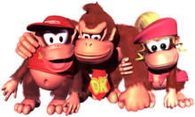 Group photo of Donkey Kong, Diddy Kong, and Dixie Kong, in Donkey Kong Country 2.