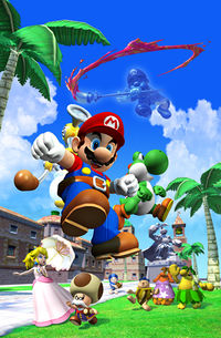 Super Mario Sunshine promotional artwork: A scene inside Delfino Plaza with includes Mario along with FLUDD, Princess Peach, Toadsworth, a Green Yoshi being noticed by Shadow Mario with his magic brush, and a couple of Nokis and Piantas witnessing in fear