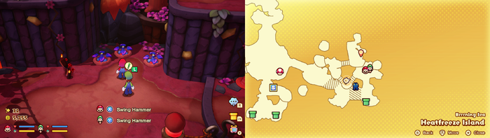 Mario and Luigi near 3 Heatfreeze Potatoes containing 15 Coins on Heatfreeze Island of Mario & Luigi: Brothership.