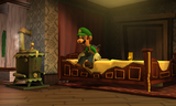 Luigi sitting on the Bedroom's bed.