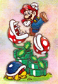 A painting of Mario escaping Piranha Plants and a Buzzy Beetle