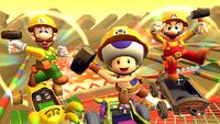 Builder Mario, Builder Luigi, Builder Toad, and Builder Toadette tricking on RMX Choco Island 1R/T in Mario Kart Tour