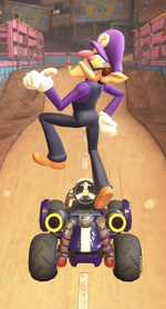 Waluigi performing a trick.
