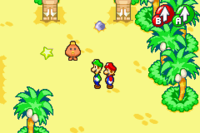 Screenshot of Mario, Luigi and an Oho Jee in Oho Oasis, from Mario & Luigi: Superstar Saga