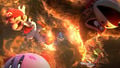 Mario, Donkey Kong, Link, and Kirby are hit by a fire attack from Mega Man.