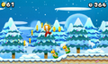 Mario wearing a Gold Block in a snowy forest level.