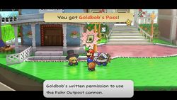 Mario getting the Goldbob's Pass from Goldbob in Poshley Heights of Paper Mario: The Thousand-Year Door for Nintendo Switch.