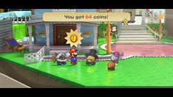 Mario getting 64 Coins from Goldbob in Poshley Heights of Paper Mario: The Thousand-Year Door for Nintendo Switch.