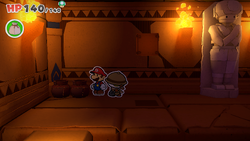 Mario standing near two vase containing 10-Coin and Big Bag of Confetti in Temple of Shrooms of The Origami King.