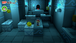 Mario standing near 2 100-Coins and a Healing Heart in Water Vellumental Shrine of The Origami King.