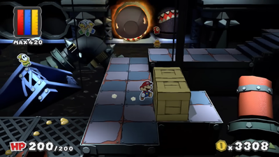 Mario near crates containing Huge Eekhammer and Huge KO Hammer Battle Cards in Black Bowser's Castle of Paper Mario: Color Splash.