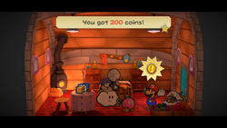 Mario getting 200 Coins from the innkeeper in Fahr Outpost of Paper Mario: The Thousand-Year Door for Nintendo Switch.
