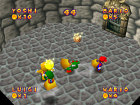 Grab Bag: A variety of players snatching each other's Coins - with a snapshot of two players snatching a Coin, and a coin bag at the same time. From Mario Party.