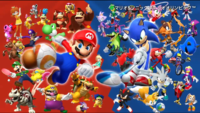 Artwork of the full roster of the Nintendo 3DS version of Mario & Sonic at the Rio 2016 Olympic Games