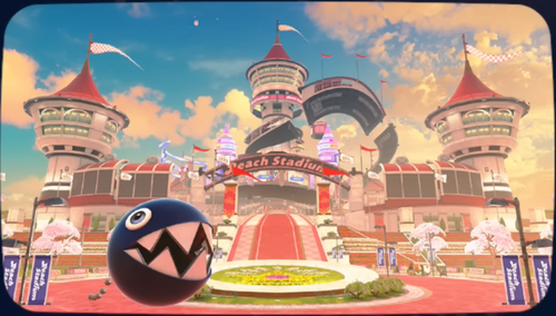 The icon for Peach Stadium in Mario Kart World, when selected in VS Race.