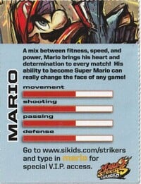 Mario Strikers Charged trading card featuring Mario (back). Taken from Nintendo Power