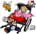 Mario pulling a rickshaw with Princess Peach, Toad and a Koopa Paratroopa (promotional art for Nintendo's involvement in the Kyoto Cross Media Experience 2009)