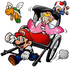 Mario pulling a rickshaw with Princess Peach and Toad, all wearing traditional Japanese attire. A Koopa Paratroopa flies next to them. Promotional artwork by Nintendo for the Kyoto Cross Media Experience 2009 (2009-09-26 to 2009-10-04).