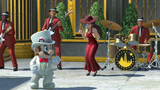 Mario wearing his tuxedo in New Donk City Hall, with Pauline and her band in the background