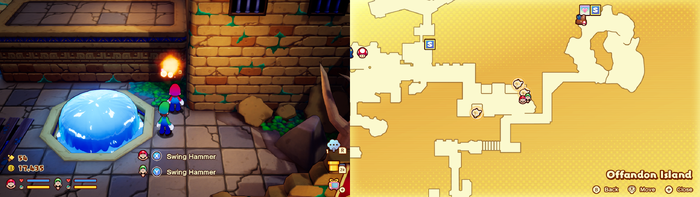 Mario and Luigi near a Sprite Bulb Nest on Offandon Island of Mario & Luigi: Brothership.