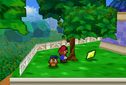 Mario finding a Star Piece in a tree near Merlon's house in Toad Town in Paper Mario