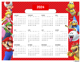 Toad, Princess Peach, Luigi, and Mario on the left side. Red Koopa Troopa, Kamek, Boo, and Bowser on the right. Characters on red background