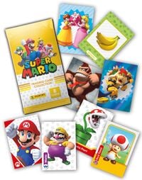 Several Panini Group Super Mario trading cards shown alongside an 8-card pack